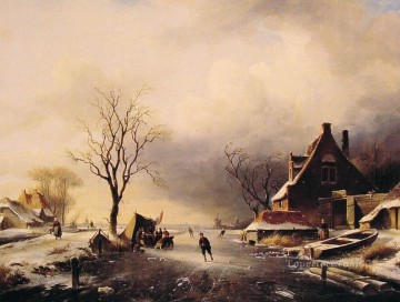  winter Oil Painting - Winter Scene with Skaters landscape Charles Leickert